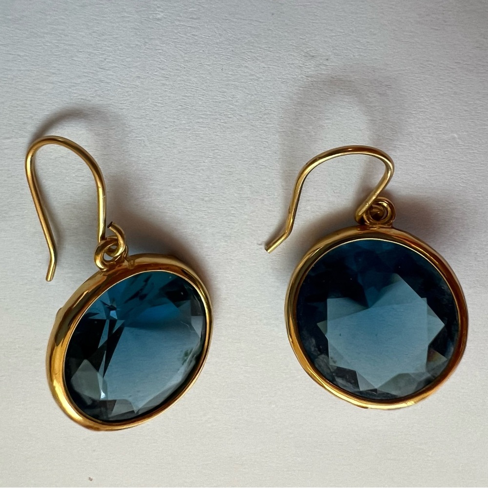 Blue Topaz Faceted Round Drop Gold Tone Pierced Earrings